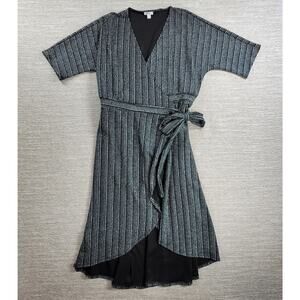Spence Wrap Dress Womens Large Black Knit Silver Metallic Striped Cocktail Flowy